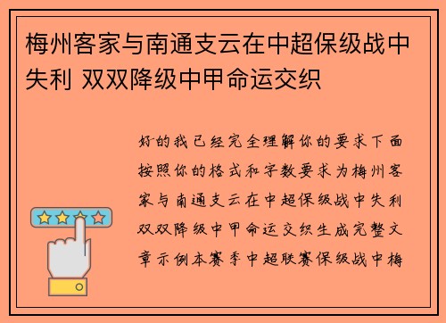梅州客家与南通支云在中超保级战中失利 双双降级中甲命运交织